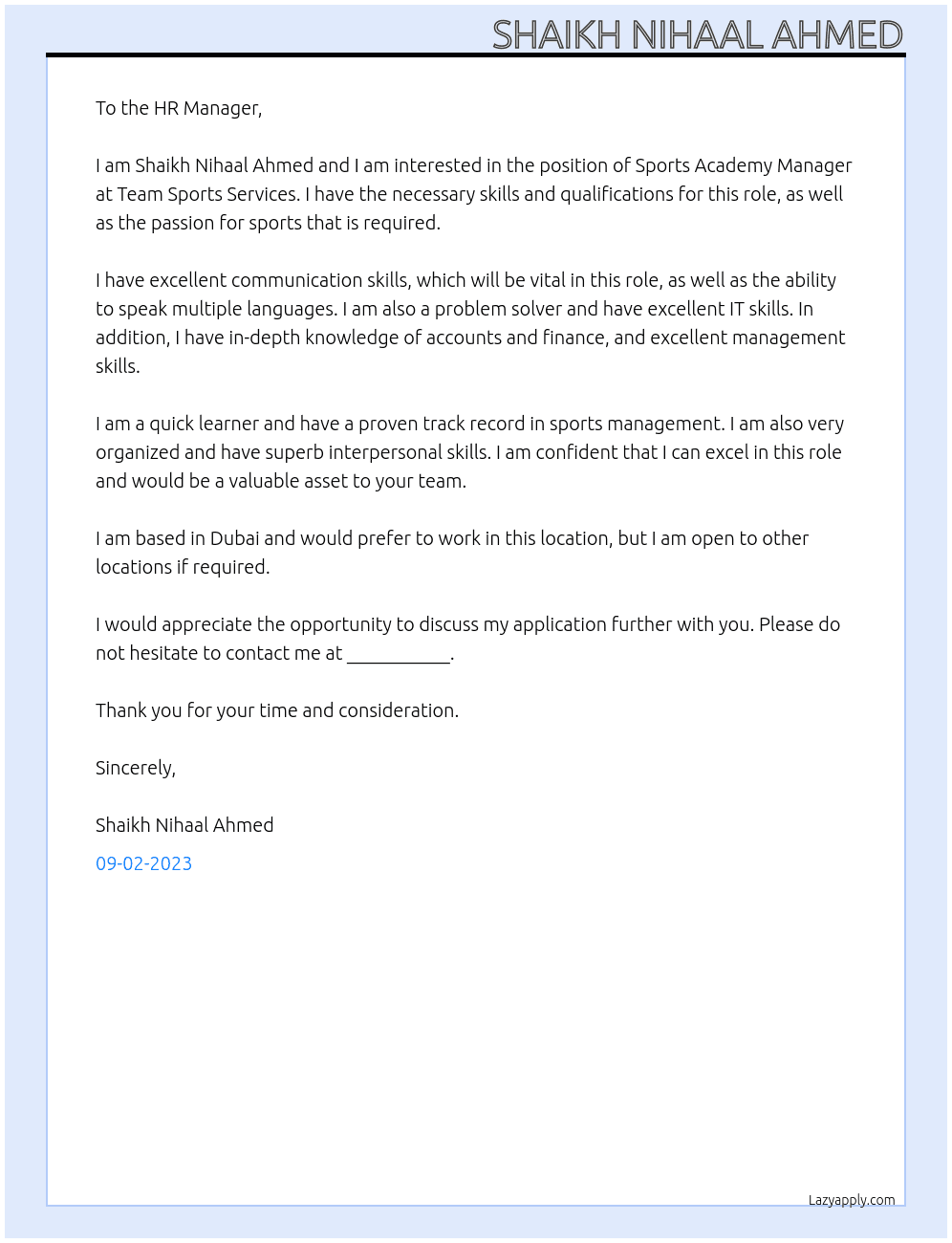 Sports Academy Manager  At Team Sports Services  Cover Letter