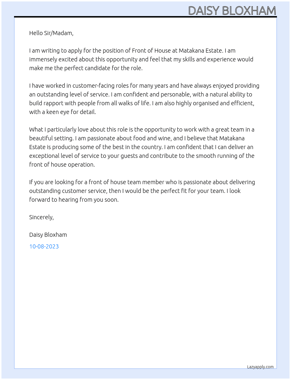 Front of house At Matakana Estate Cover Letter