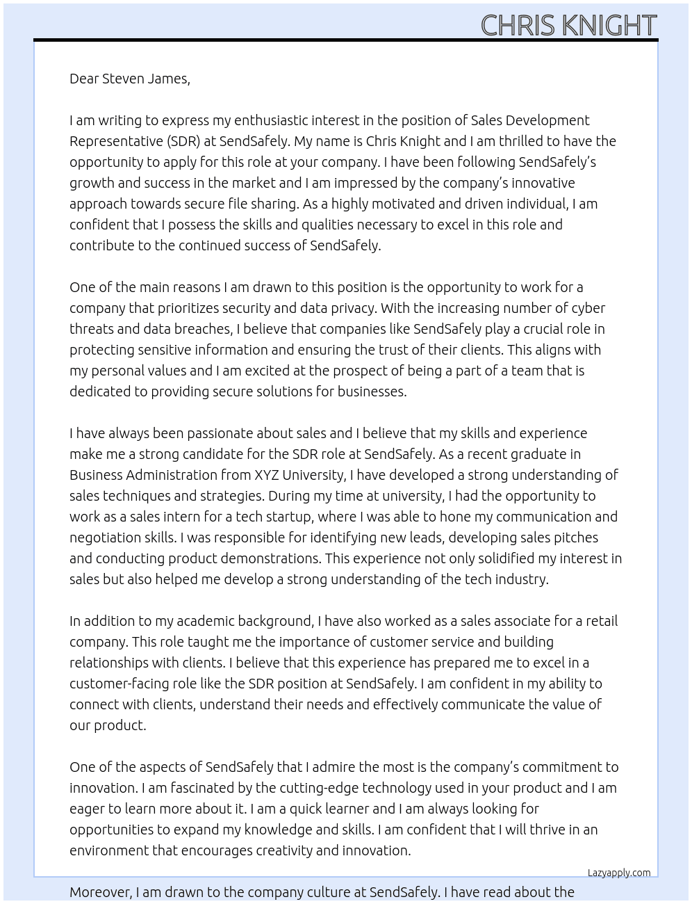 SDR At SendSafely Cover Letter