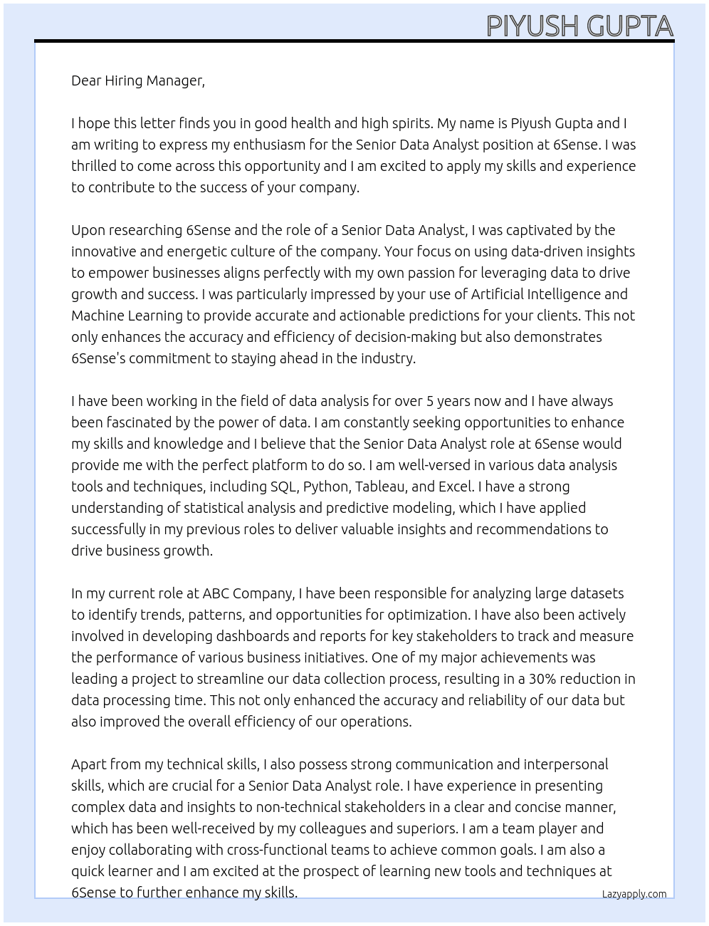 Senior Data Analyst At 6Sense Cover Letter