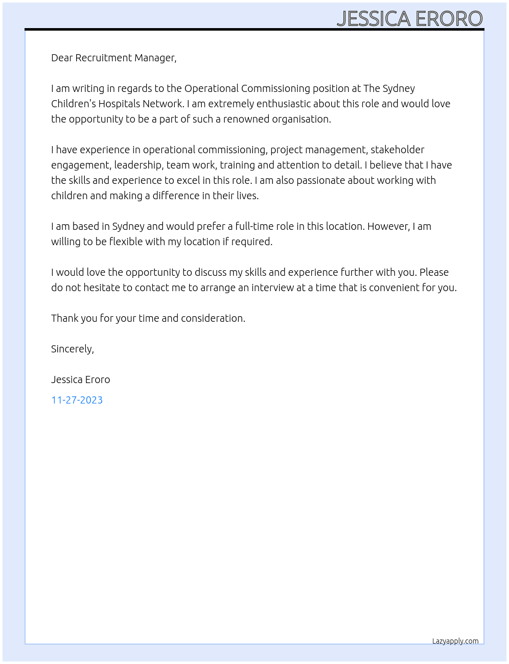 Operational Commissioning At 	The Sydney Children's Hospitals Network Cover Letter