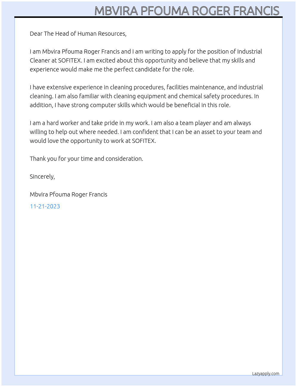 Industrial Cleaner  At  SOFITEX Cover Letter
