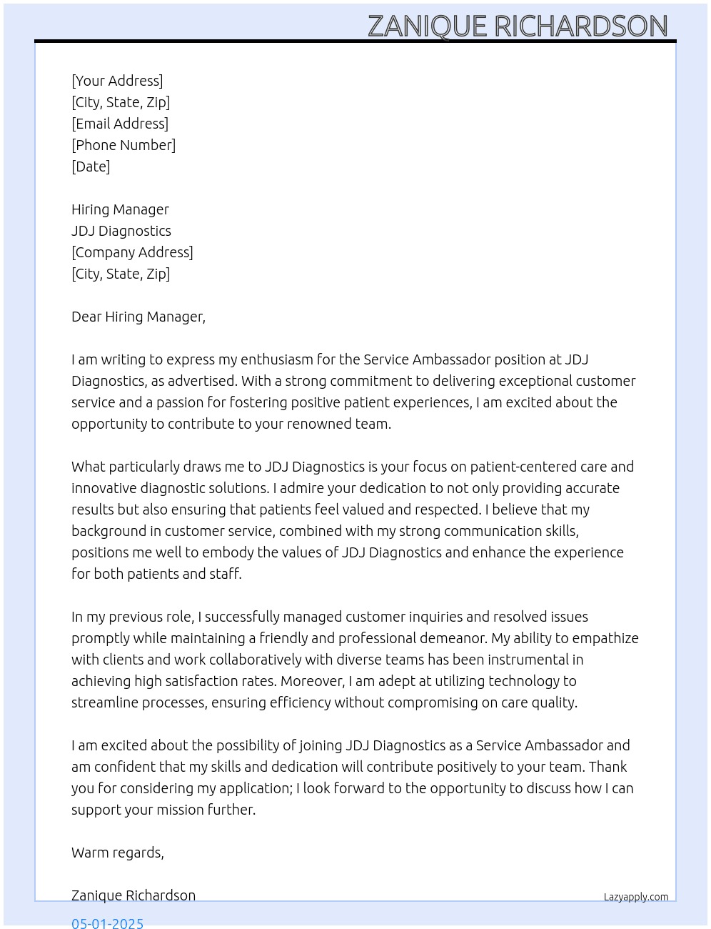 Service Ambassador  At JDJ Diagnostics Cover Letter