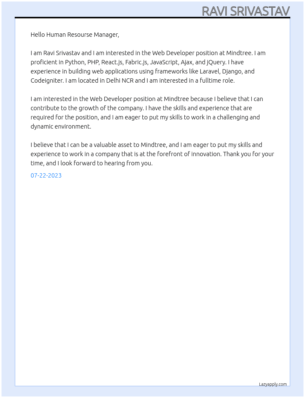 Web Developer At Mindtree Cover Letter