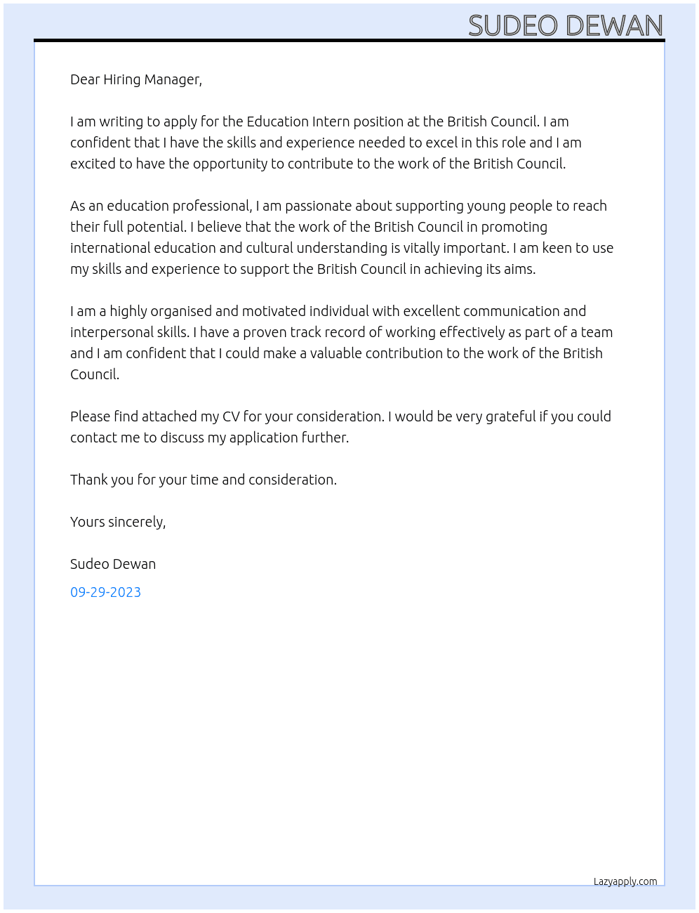 Education Intern At British Council Cover Letter