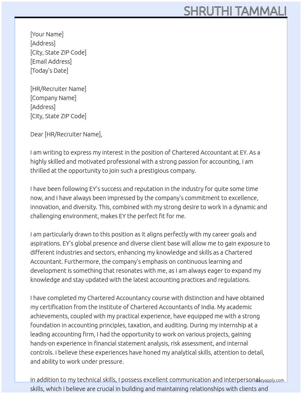Chartered accountant At EY Cover Letter