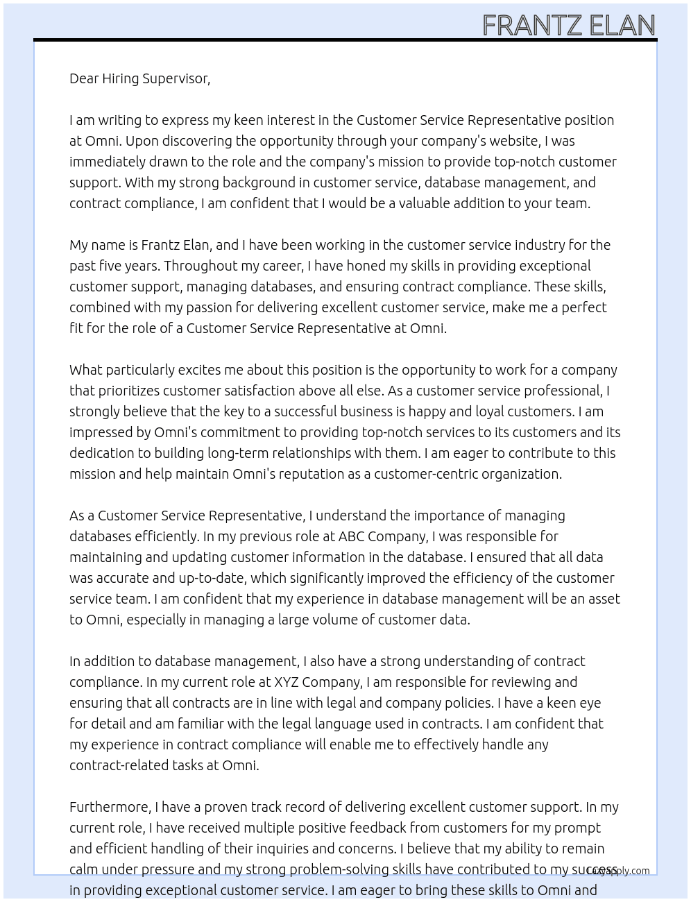 Customer Service Representative At Omni Cover Letter