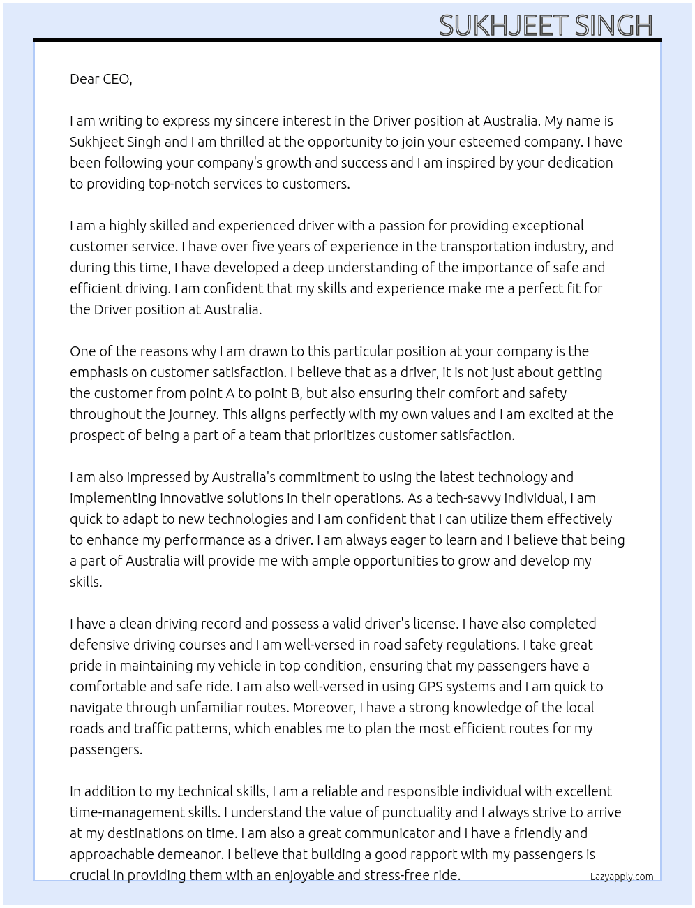 Driver  At Australia Cover Letter