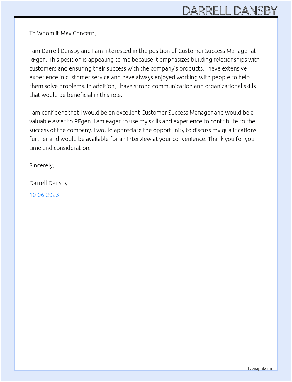 Customer Success Manager  At RFgen Cover Letter