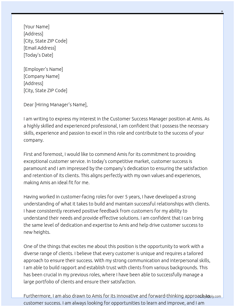 Customer Success Manager At Amis Cover Letter