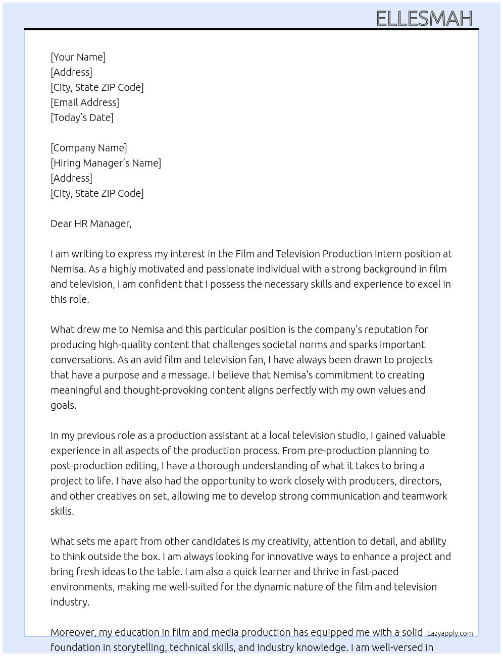 Film and television production intern At Nemisa Cover Letter
