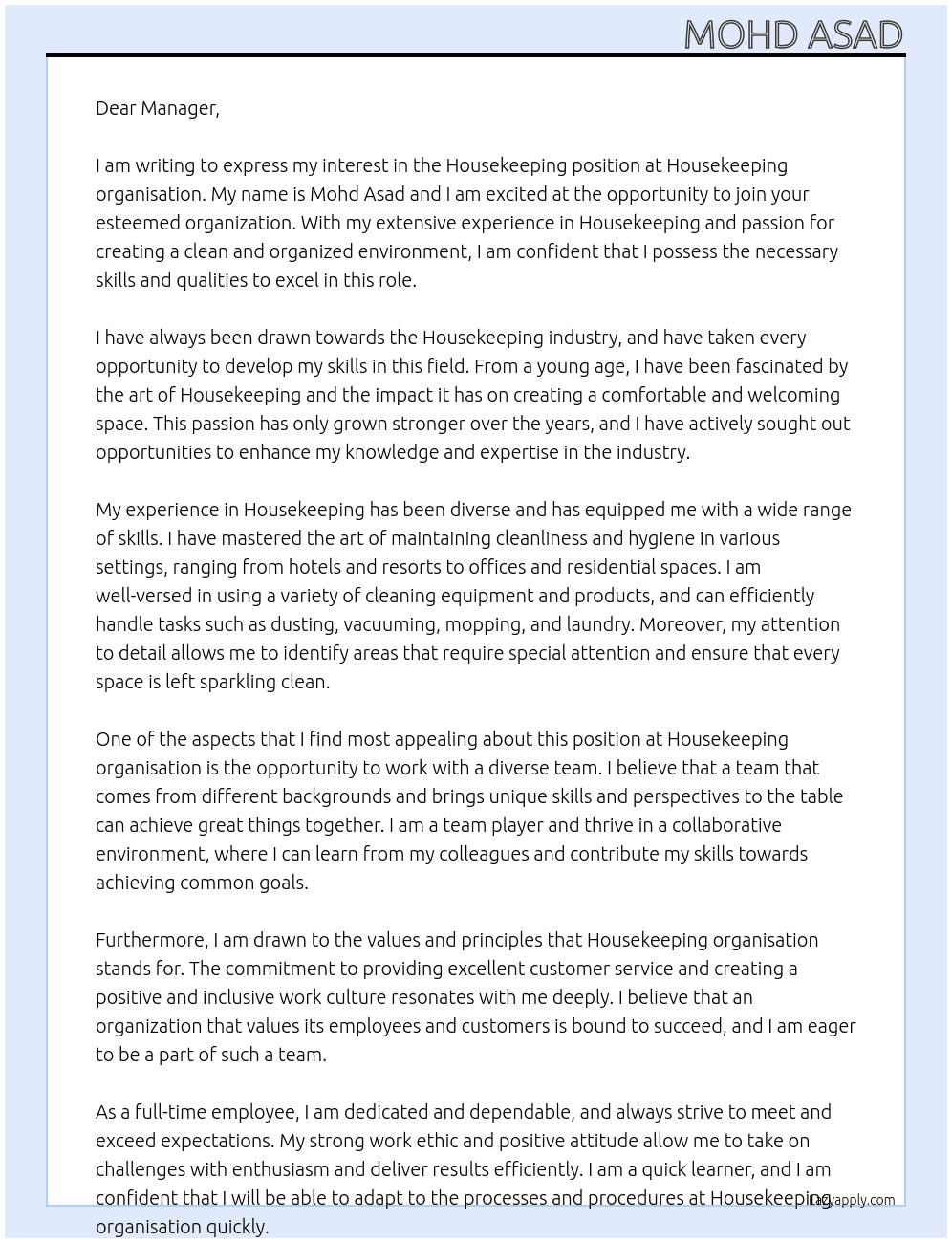 Housekeeping  At Housekeeping organisation  Cover Letter