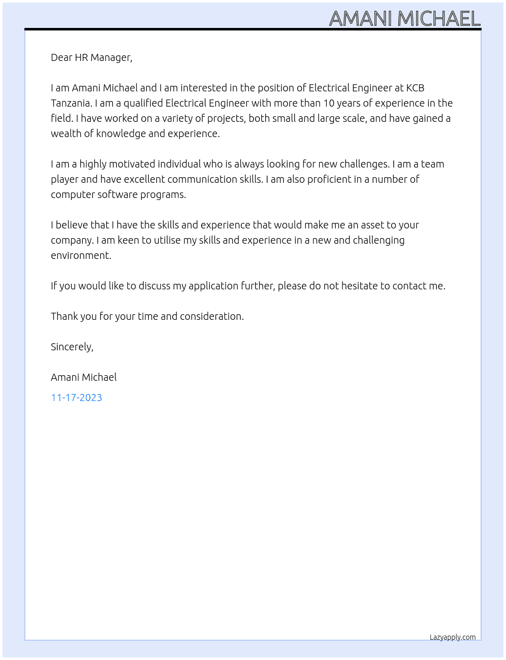 Electrical Engineer At KCB Tanzania Cover Letter