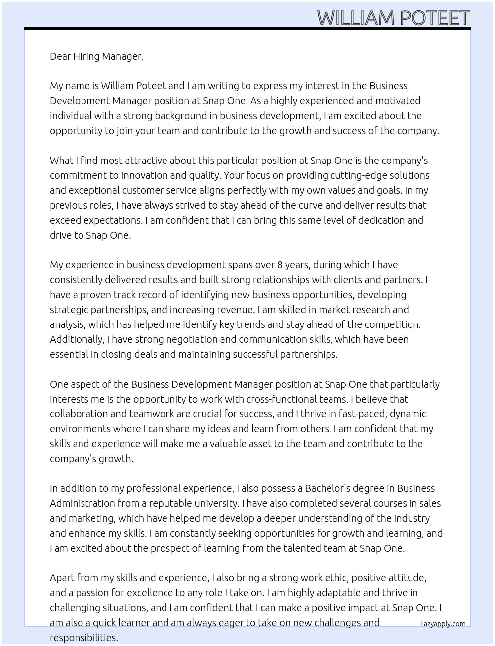 Business Development Manager At Snap One Cover Letter