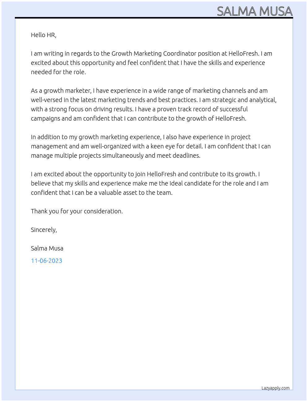 Growth Marketing Coordinator  At HelloFresh Cover Letter
