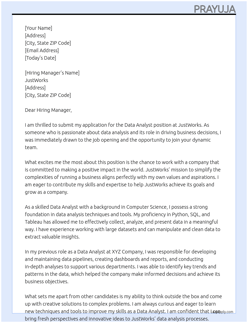 Data Analyst At JustWorks Cover Letter