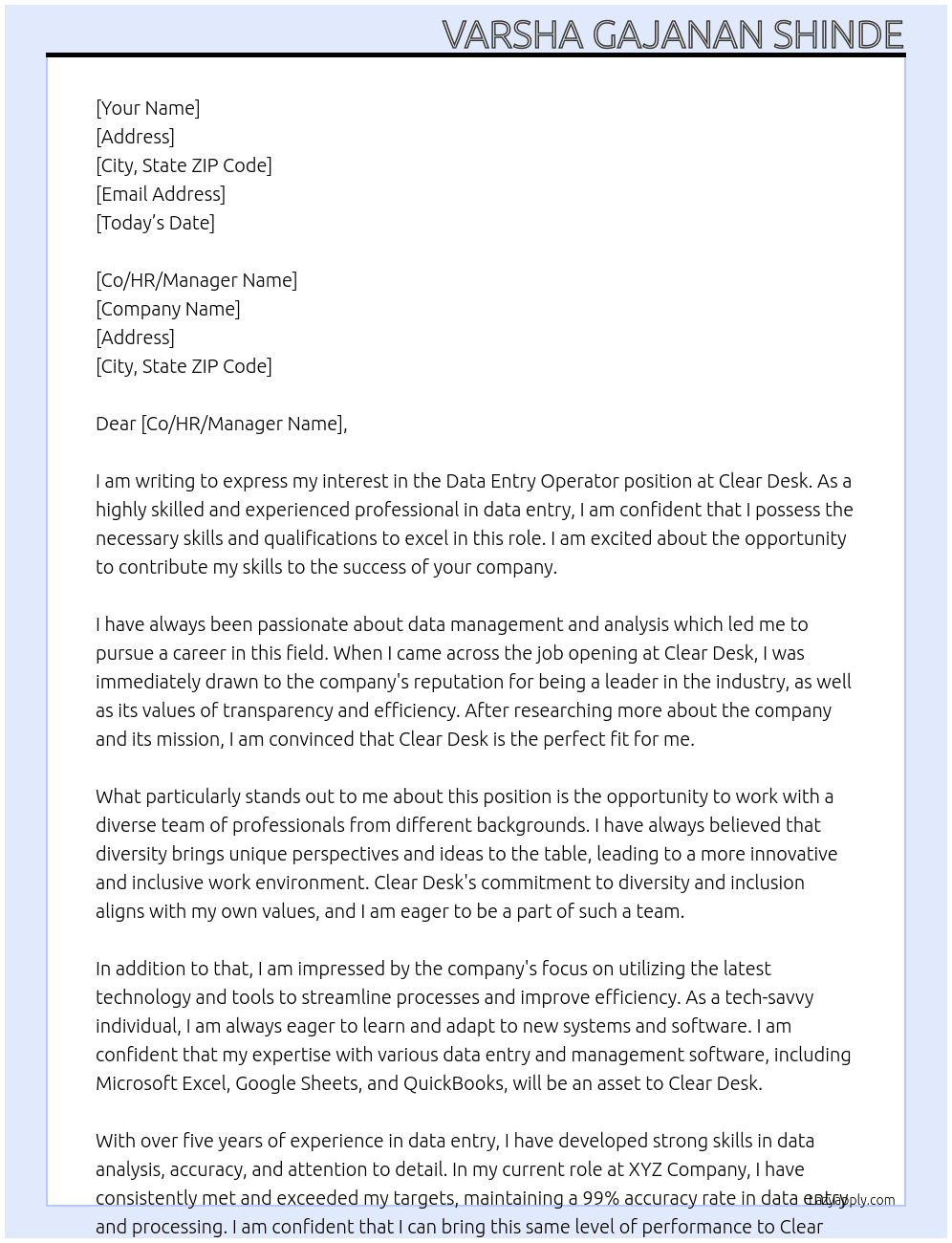 Data entry operator At Clear desk Cover Letter