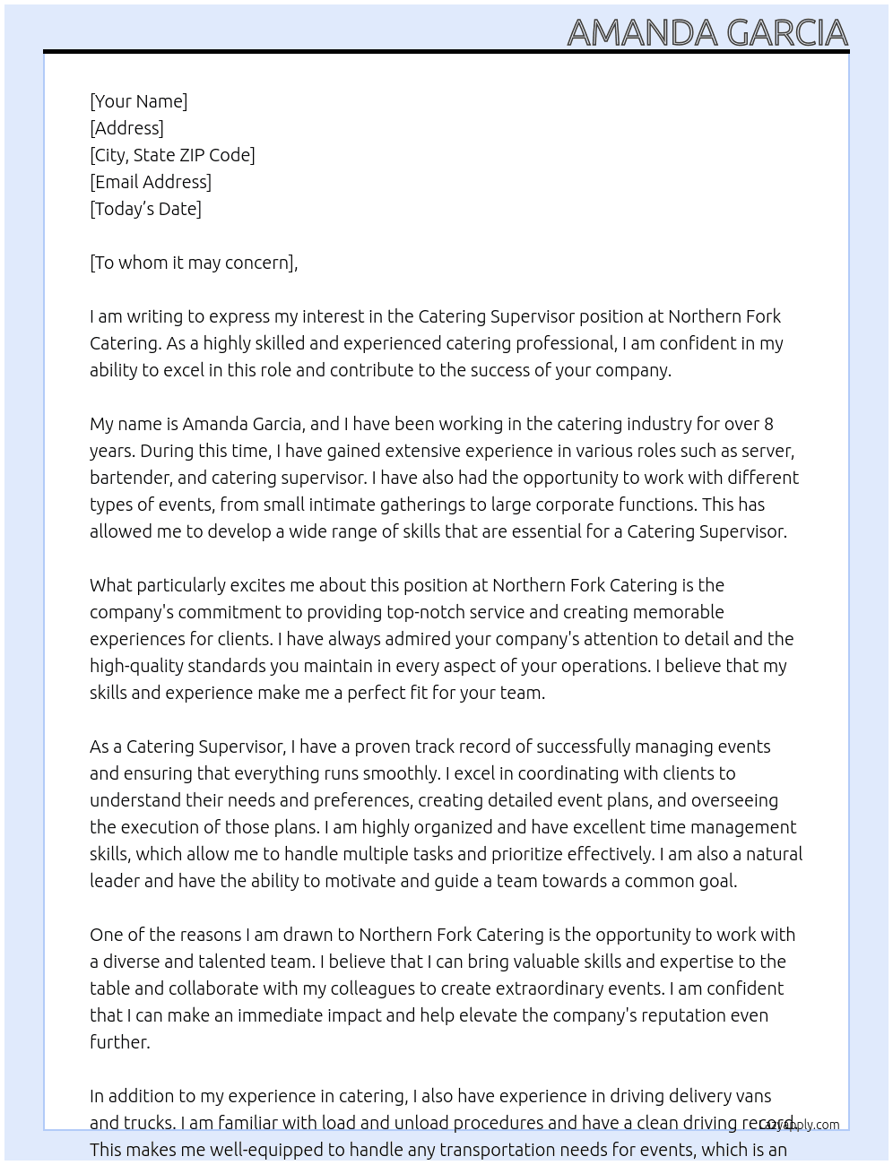 Catering Supervisor  At Northern Fork Catering  Cover Letter