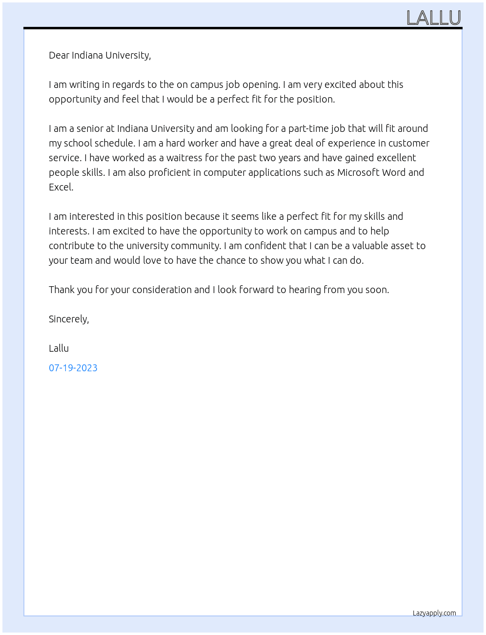 On campus job  At Indiana University  Cover Letter