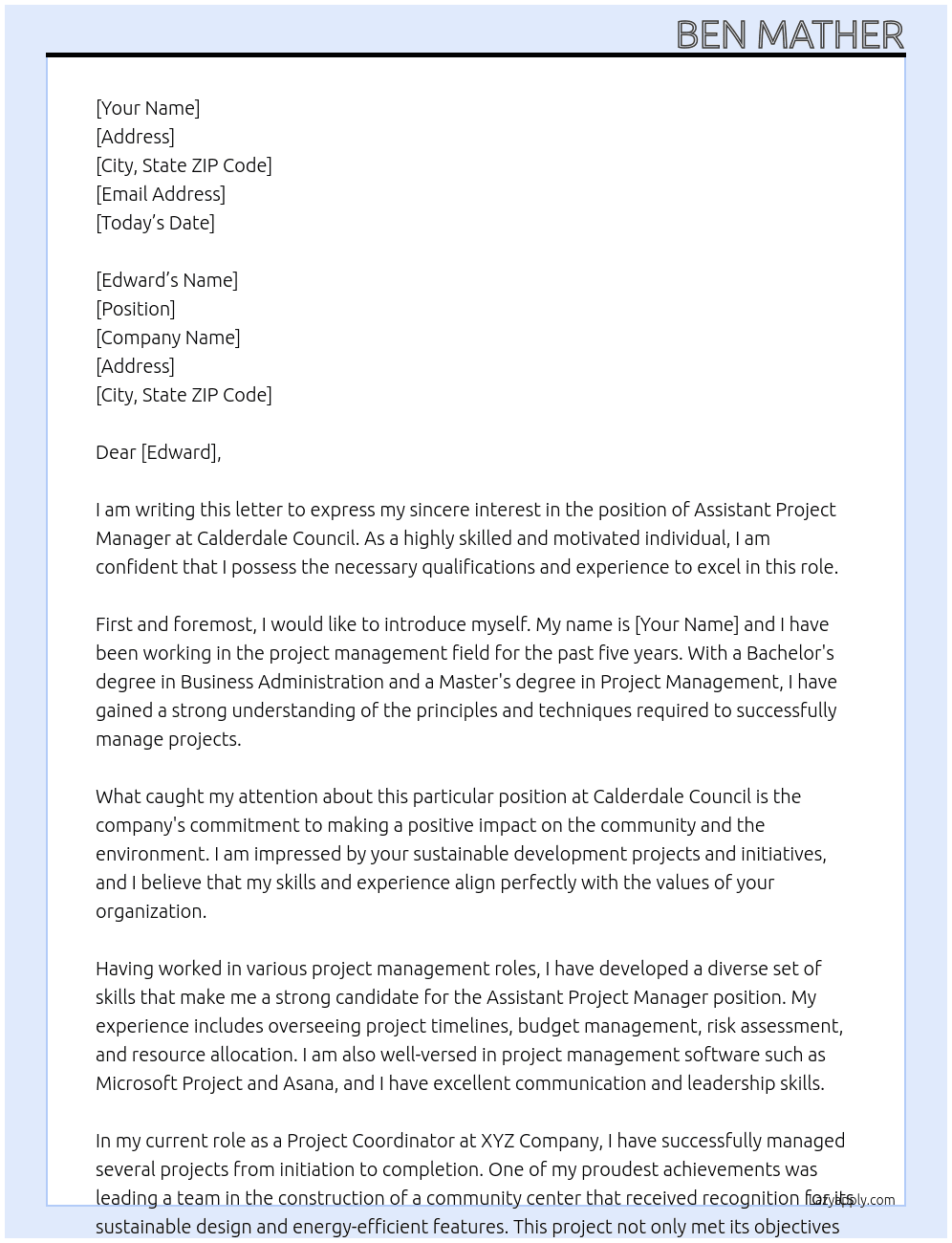 Assistant project manager At Calderdale Council  Cover Letter