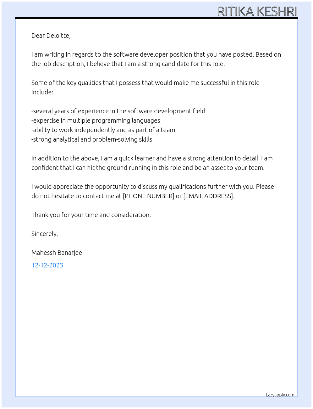 software developer At delolitte Cover Letter