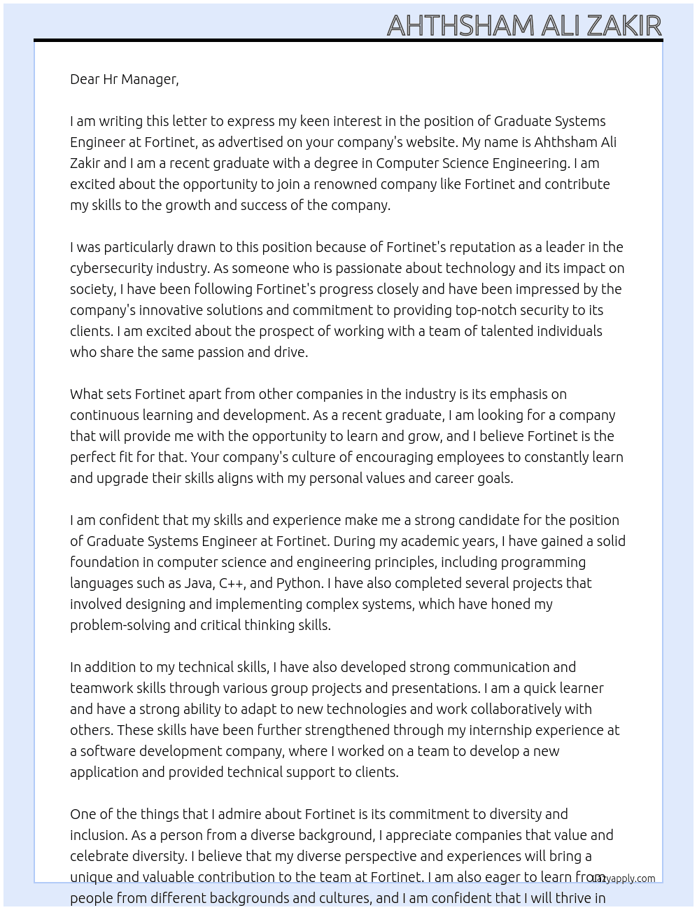 Graduate Systems Engineer At Fortinet Cover Letter