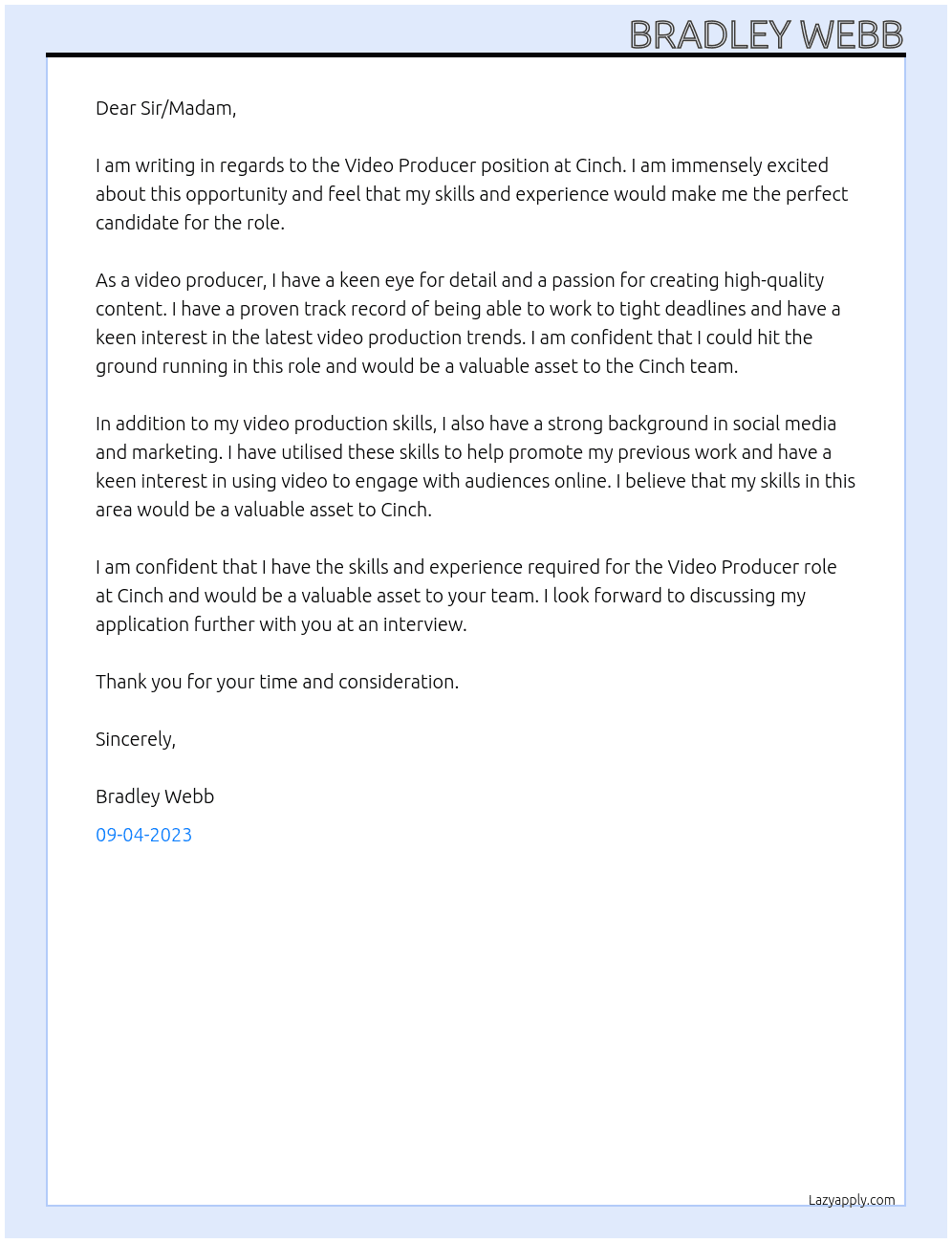 Video Producer At Cinch Cover Letter