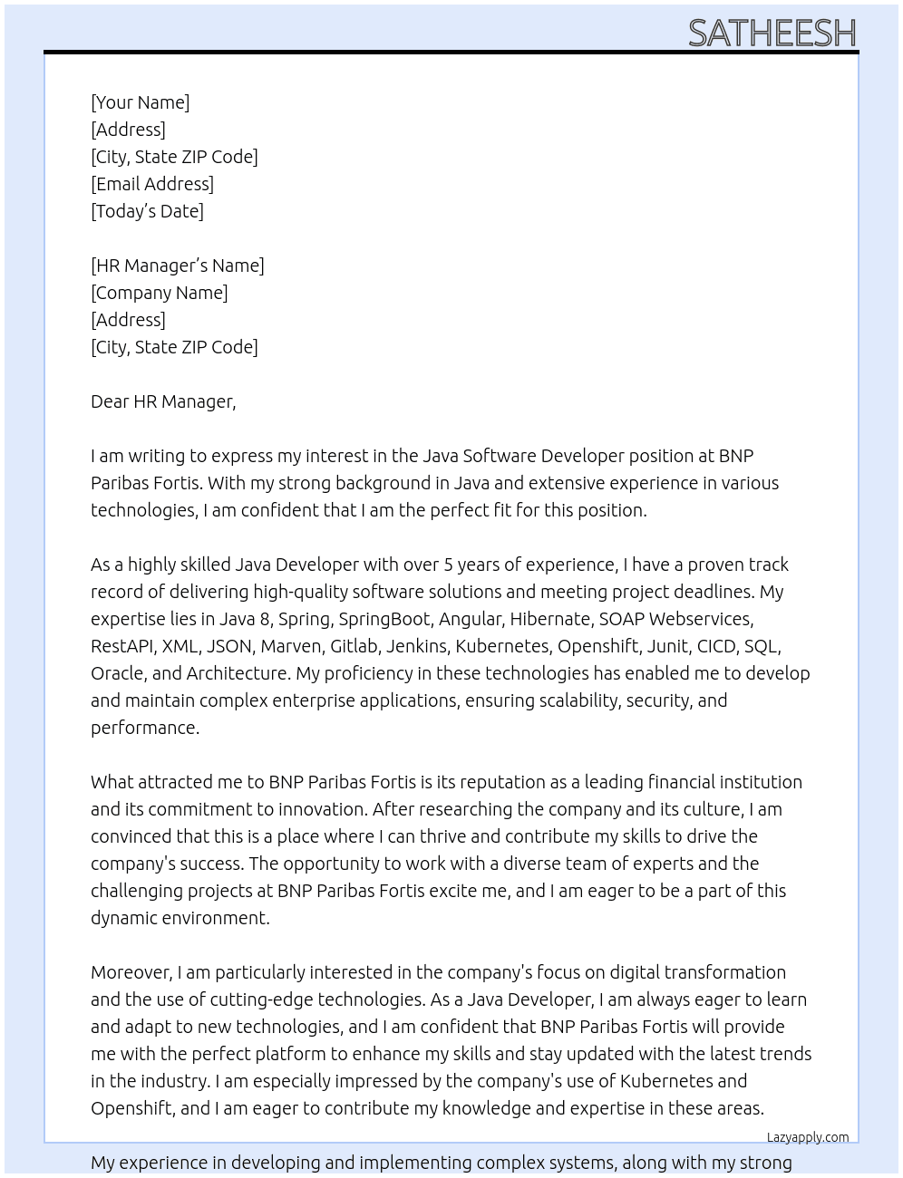 Java Software Developer At BNP Paribas Fortis Cover Letter