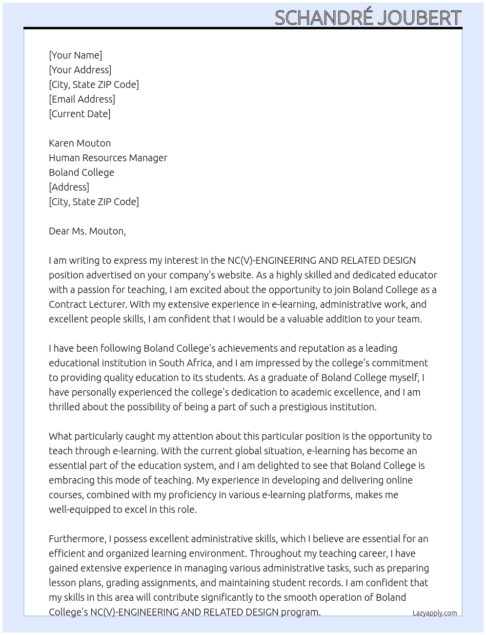 NC(V)-ENGINEERING AND RELATED DESIGN At Boland College Cover Letter