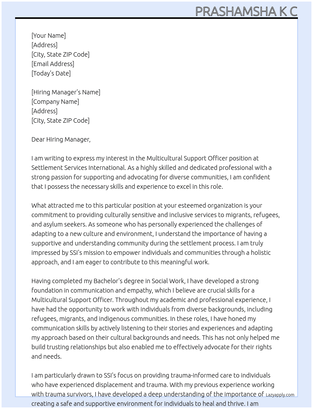 Multicultural Support Officer At Settlement Services International Cover Letter
