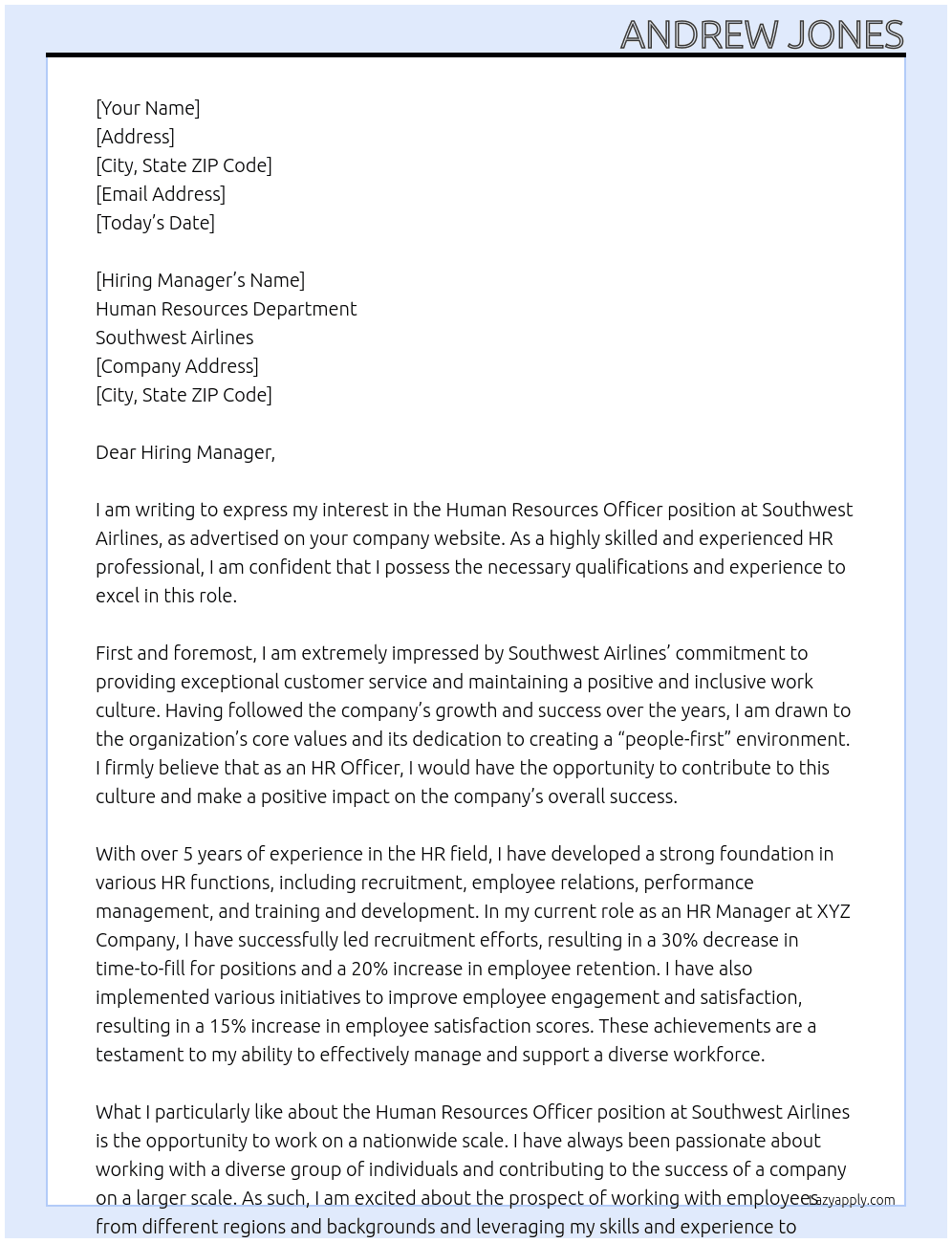 Human Resources Officer At Southwest Airlines Cover Letter