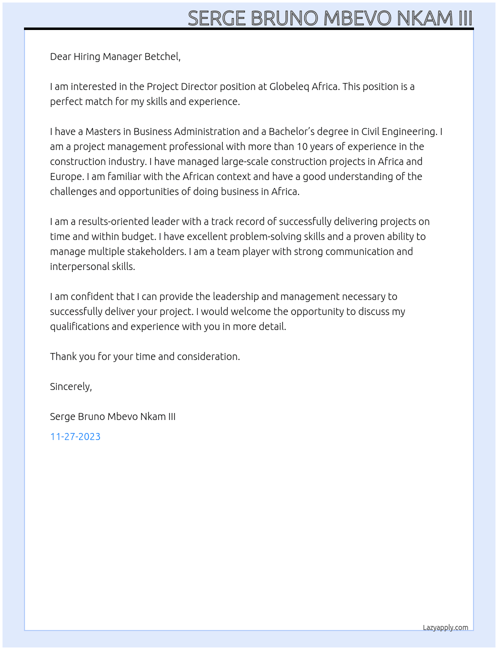 PROJECT DIRECTOR At GLOBELEQ AFRICA Cover Letter