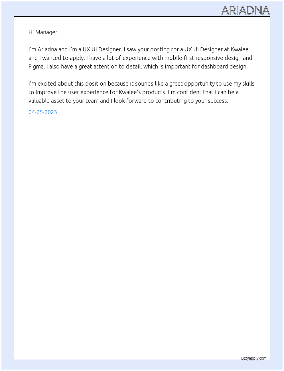 UX UI Designer At Kwalee Cover Letter