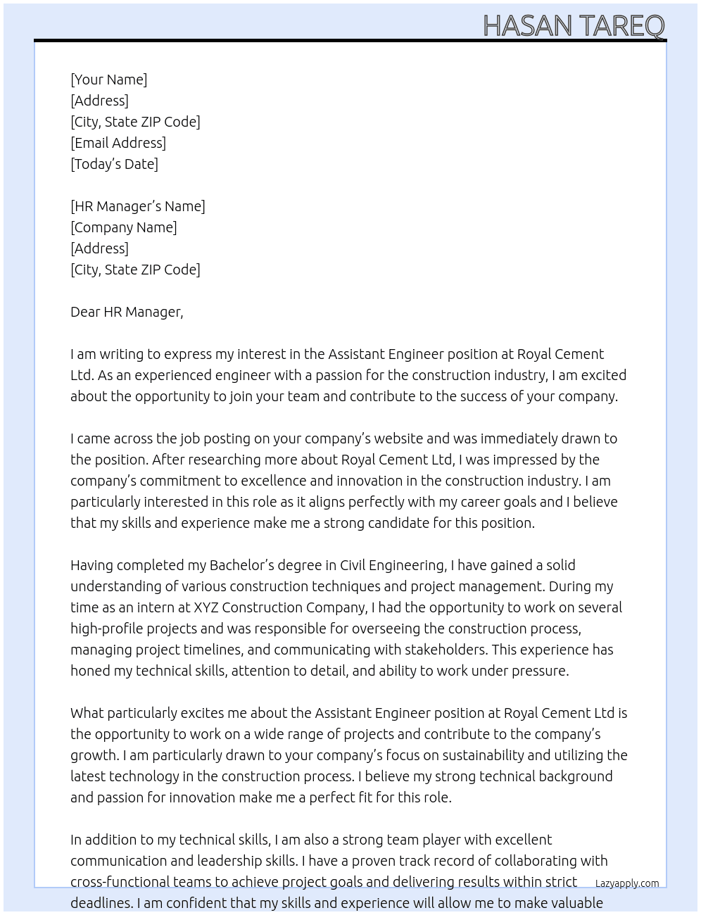 Assistant Engineer  At Royal Cement Ltd. Cover Letter