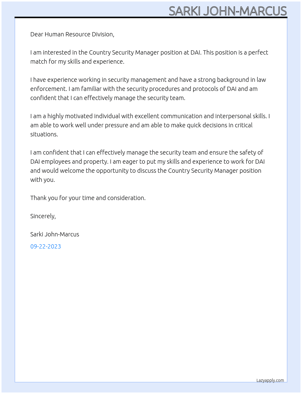 Country Security Manager At DAI Cover Letter