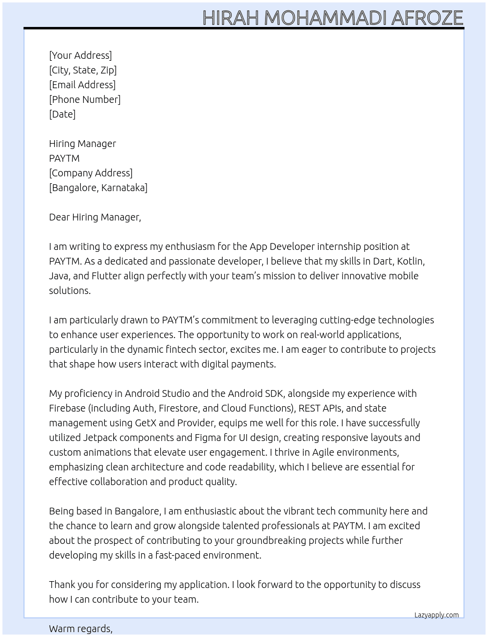 Cover letter for app developer - LazyApply