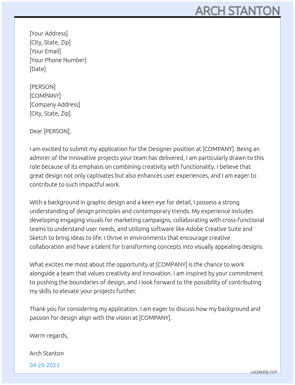 Cover letter for designer - LazyApply