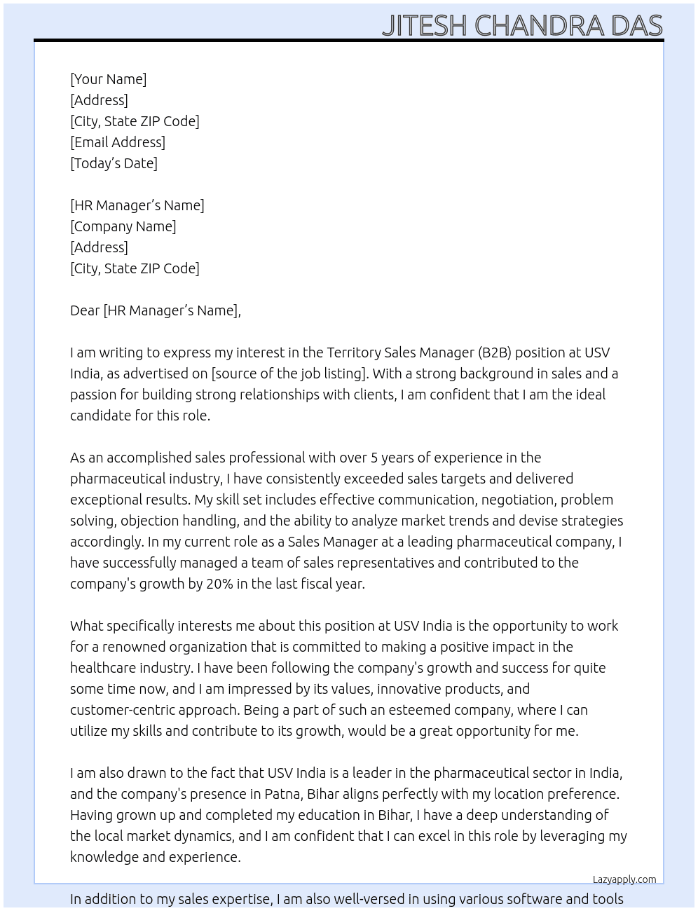 Territory Sales Manager (B2B) At USV India Cover Letter