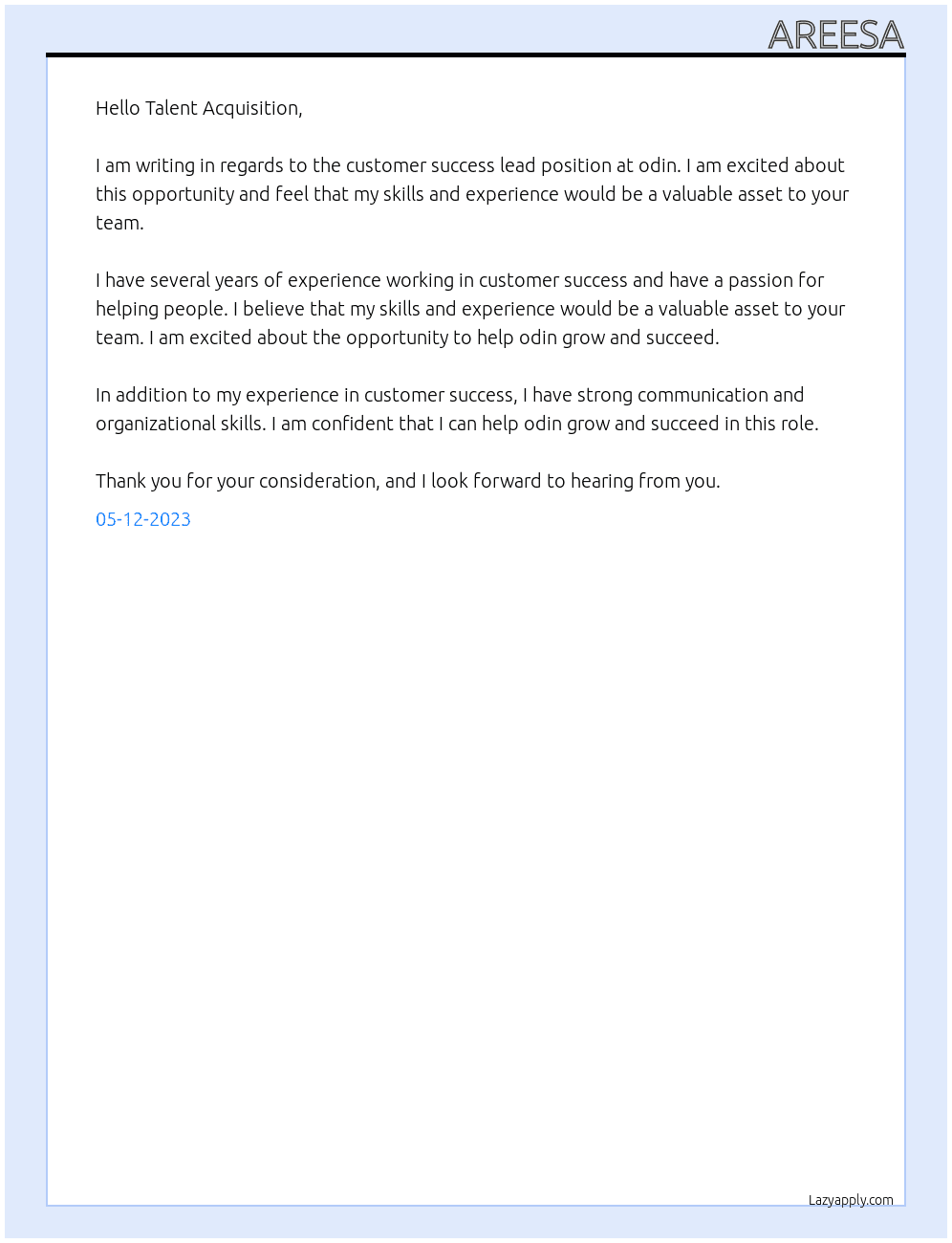 customer success lead At odin Cover Letter