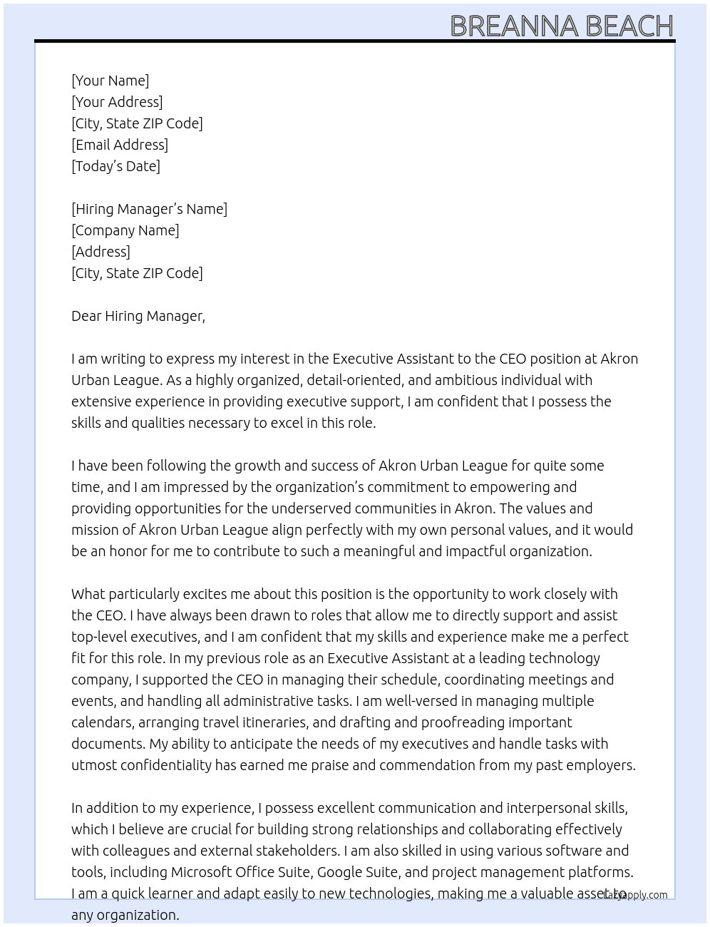 Executive Assistant to the CEO At Akron Urban League Cover Letter
