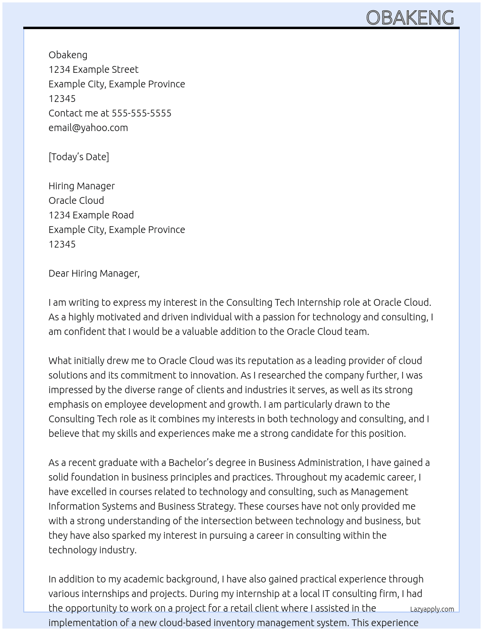 consulting tech At oracle cloud  Cover Letter