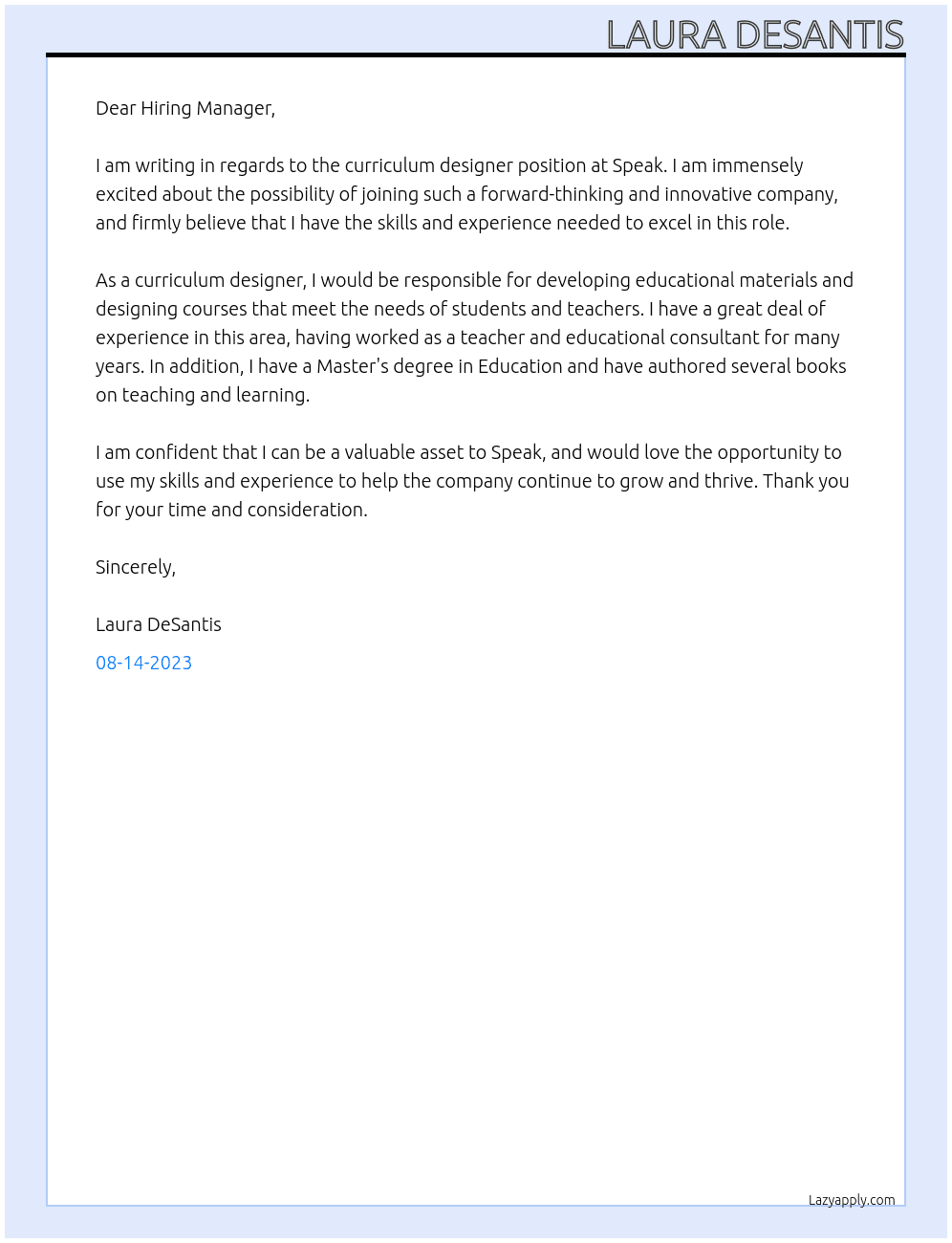 curriculum designer At Speak Cover Letter
