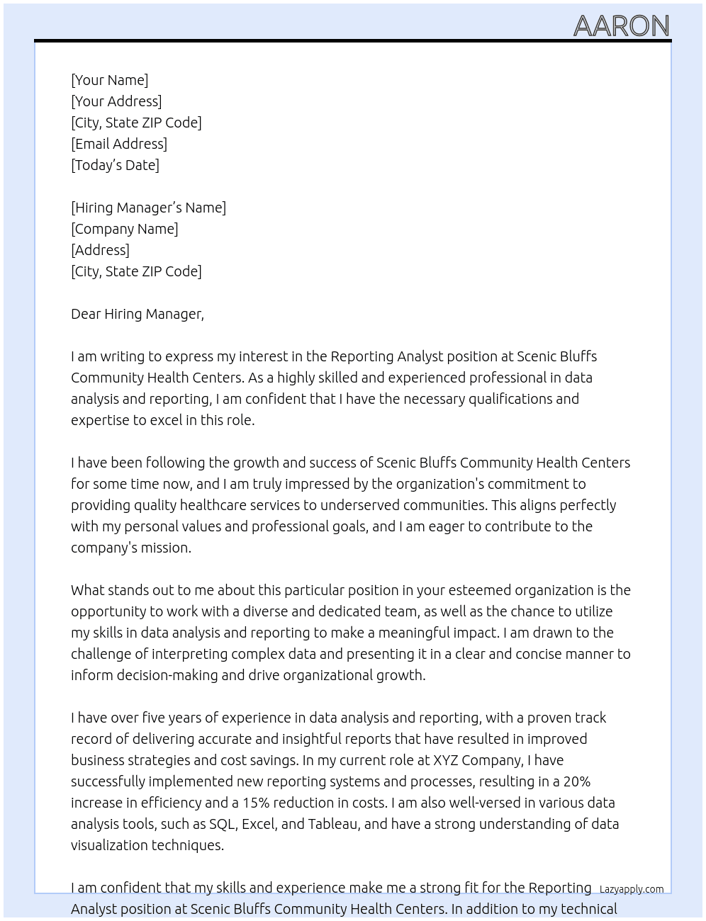Reporting Analyst At Scenic Bluffs Community Health Centers Cover Letter
