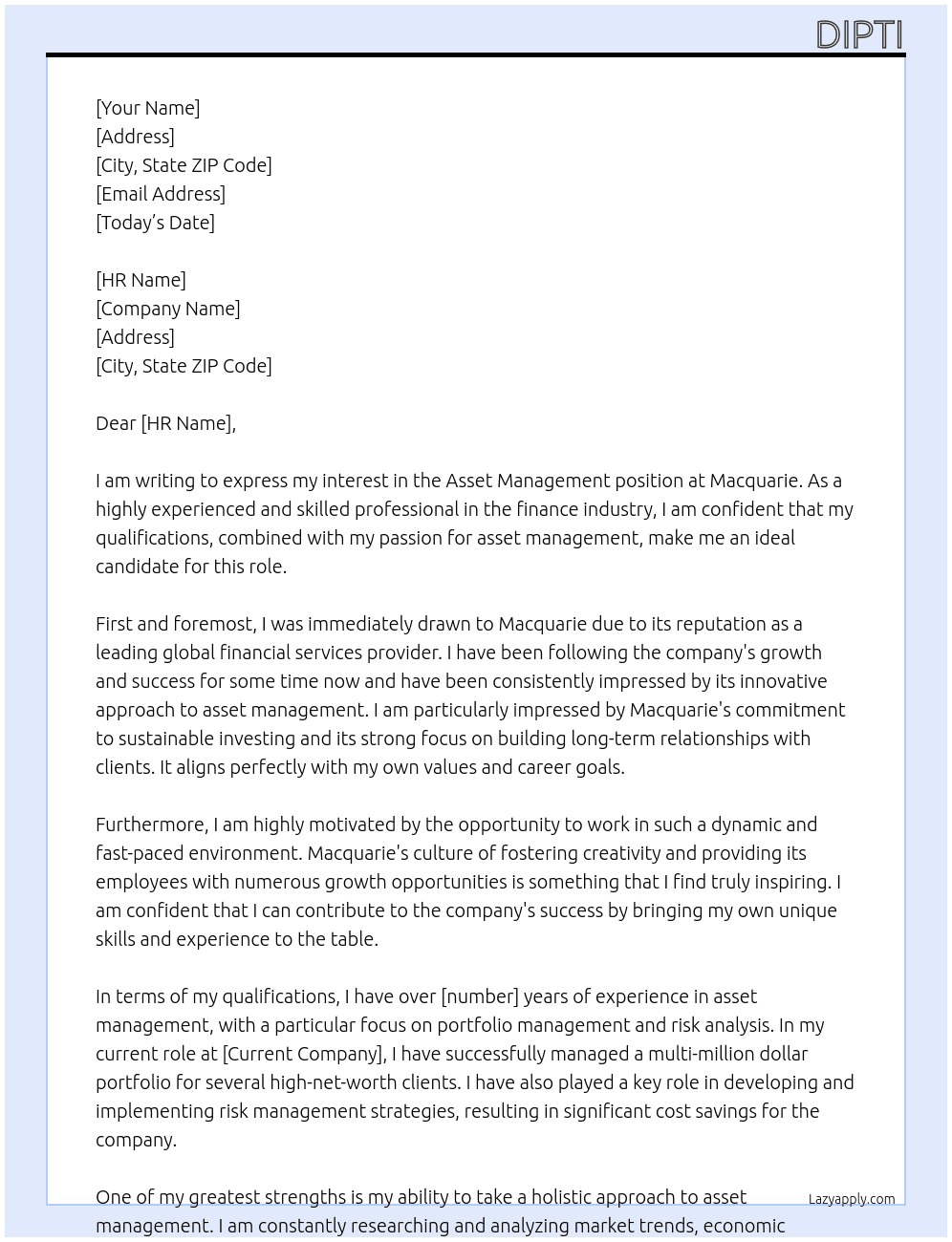 Asset management At Macquarie Cover Letter