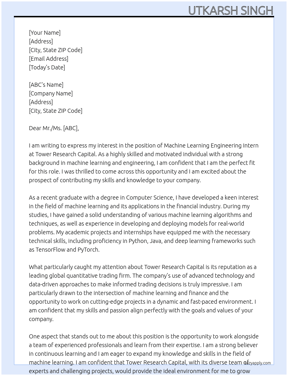 Machine learning engineering interm At Tower research Captial Cover Letter