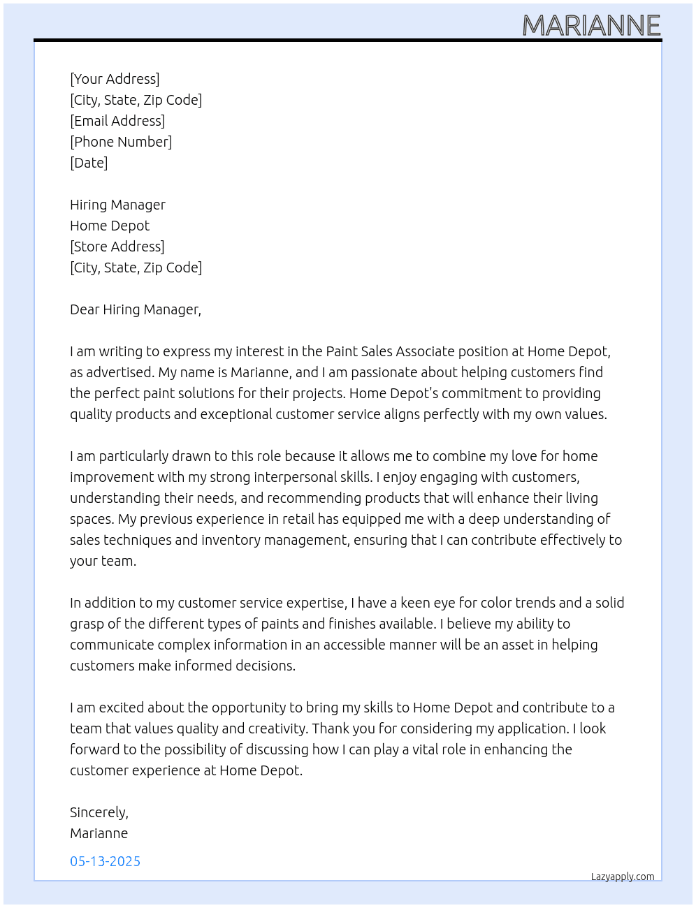Paint sales associate At Home depot Cover Letter
