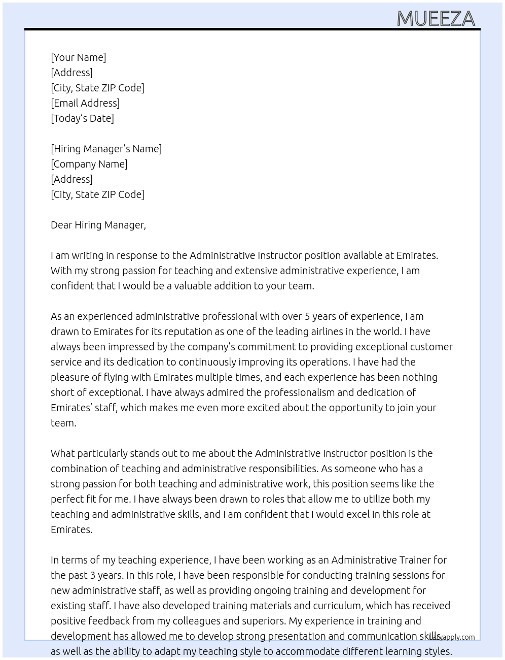 Administrative instructor At Emiraets Cover Letter