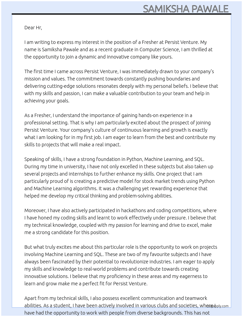 Fresher  At Persist Venture Cover Letter