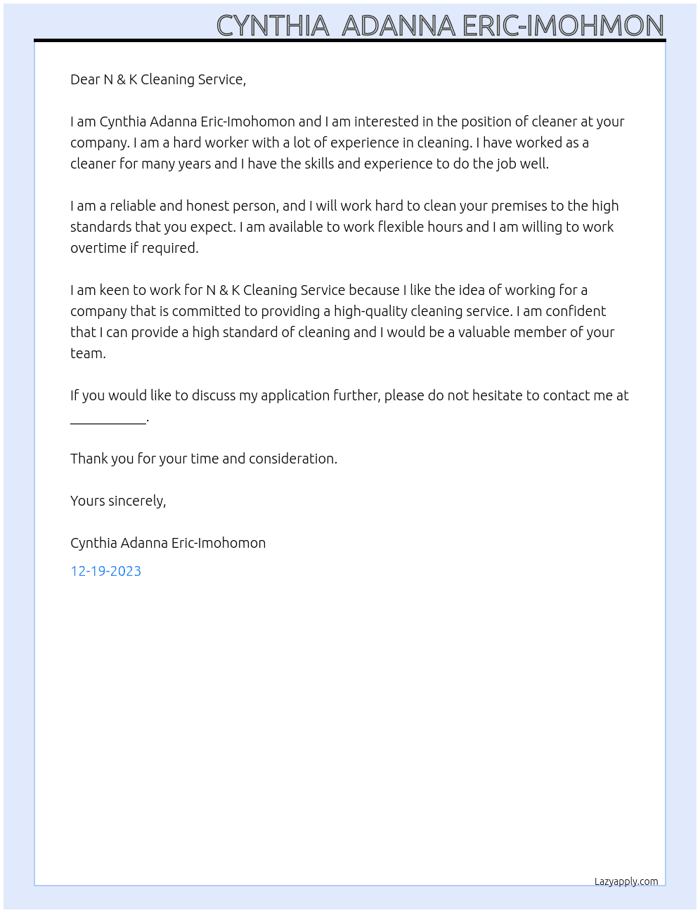 cleaner At N & K CLEANING SERVICE Cover Letter