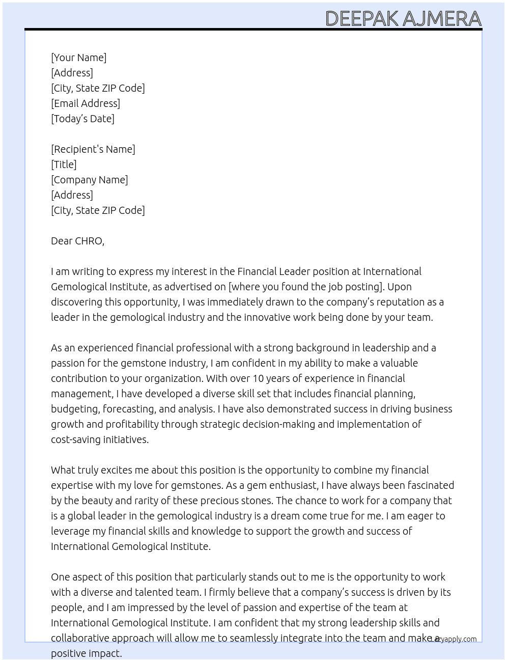 Financial Leader At International Gemological Institute  Cover Letter